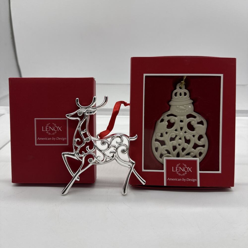 2 Lenox Ornaments Sparkle & Scroll Silverplate REINDEER & Porcelain Snowman